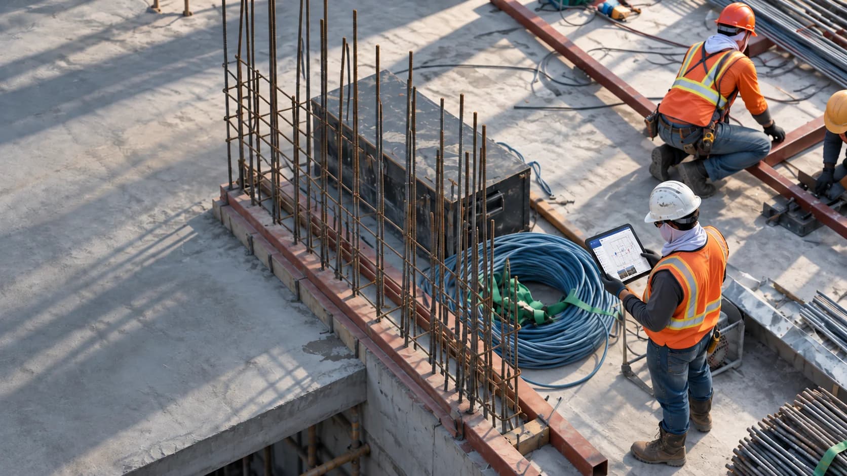 Construction crew working with steel and materials on site